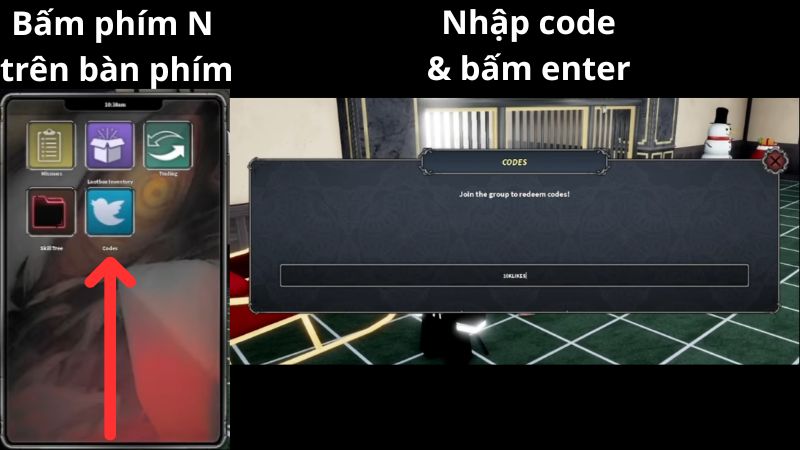 Chi tiết cách nhập code Devil Hunter mới nhất: mở phone, chọn Codes, nhập mã vào ô Enter code và bấm Enter
