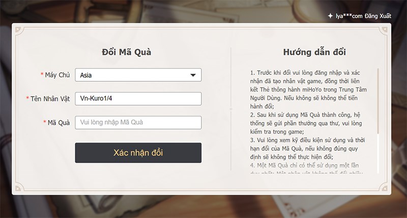 Kiểm tra lại server và nhân vật hiển thị sẵn. Nếu không đúng bạn có thể chuyển đúng server bạn muốn nhận code.