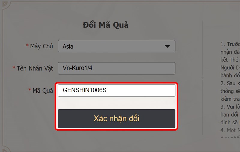 Nhập code theo khu vực, nhấn Xác nhận đổi