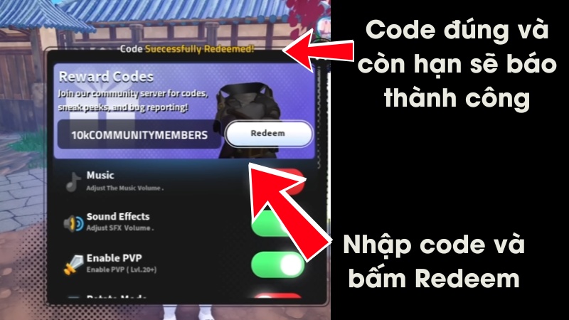 Chi tiết cách nhập code Jujutsu Seas mới nhất: nhập giftcode vào ô đổi thưởng và bấm Redeem để nhận quà