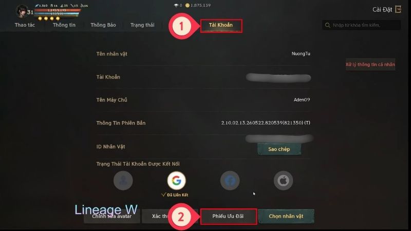 Chi tiết cách nhập code Lineage W mới nhất: chọn tài khoản và mục phiếu ưu đãi