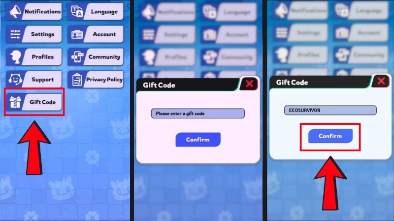 Chi tiết cách nhập code Palmon: Cuộc Chiến Sinh Tồn mới nhất: nhập code và nhấn Confirm