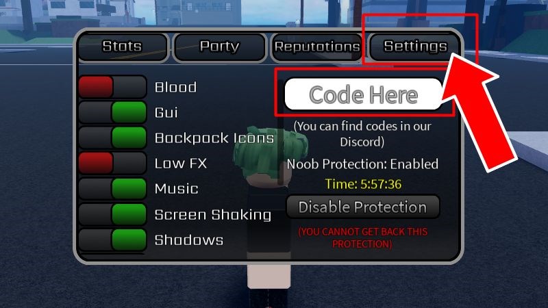 Chi tiết cách nhập code Peroxide mới nhất: chọn tab Settings trong giao diện thiết lập của game