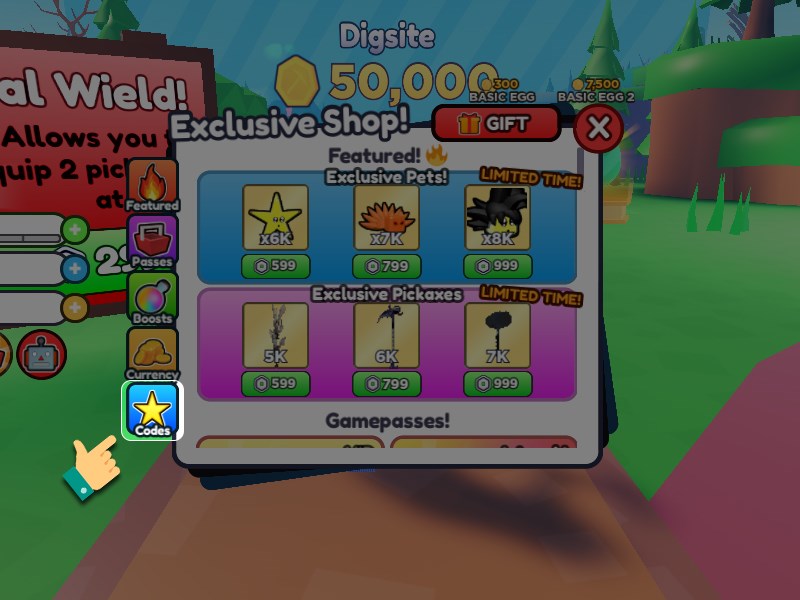 Chi tiết cách nhập code Pickaxe Simulator mới nhất: chọn mục code trong cửa hàng