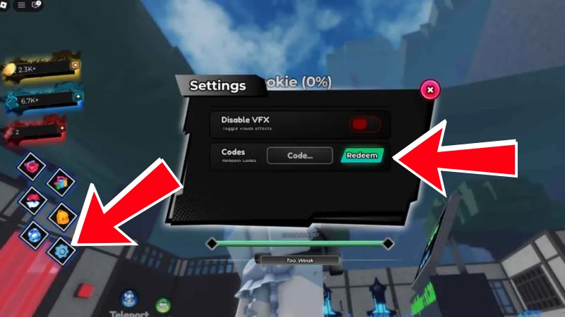Chi tiết cách nhập code Sorcerer Tycoon mới nhất: vào mục Codes, nhập mã và nhấn Redeem để nhận thưởng