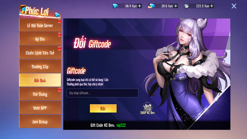 Nhập giftcode vào ô trống và nhấn Đổi để nhận thưởng