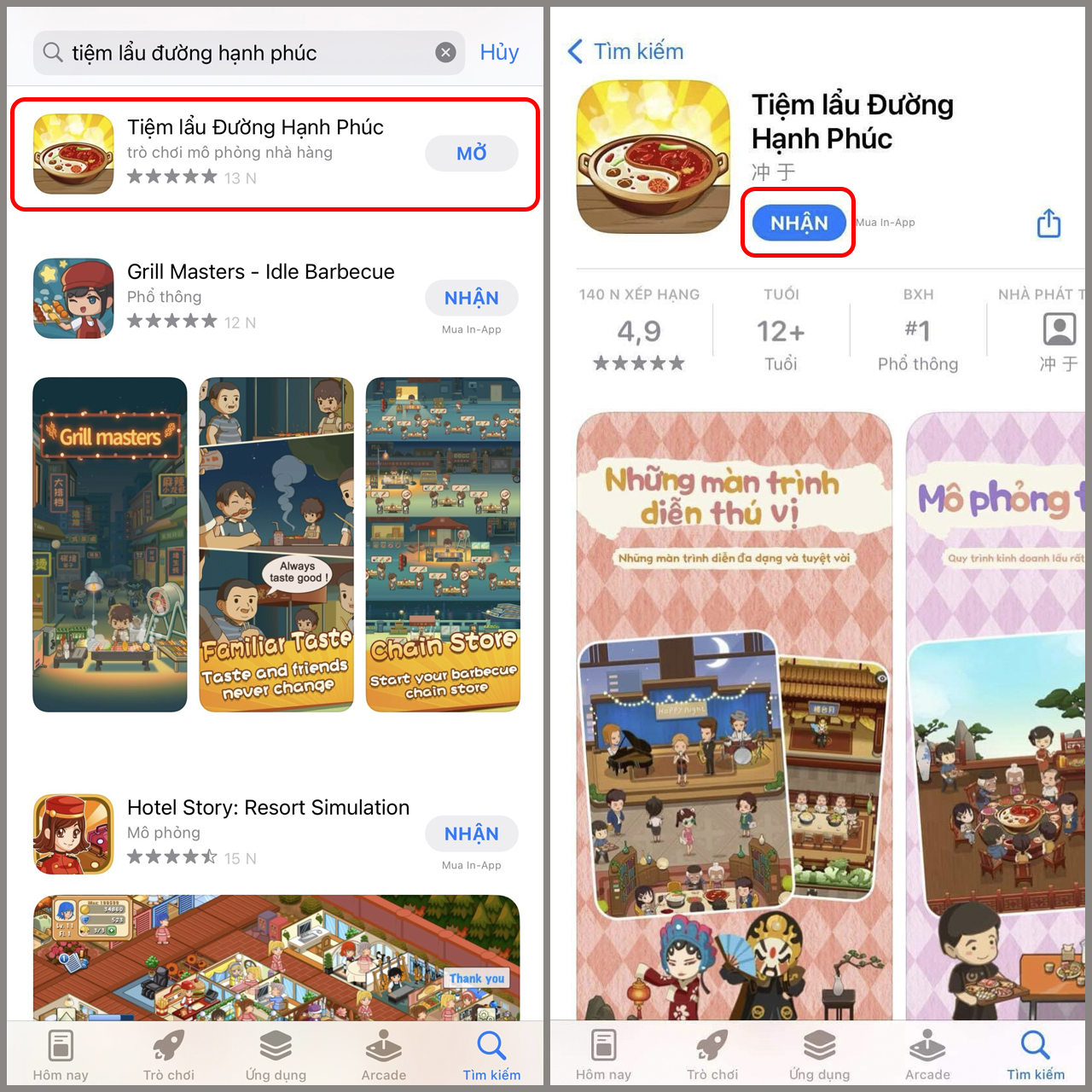 Chi tiết cách nhập code Tiệm lẩu Đường Hạnh Phúc mới nhất: nhấn Nhận để tải game trên iPhone