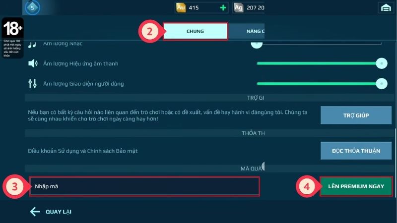 Chi tiết cách nhập code War Robots: Cơ Giới Chiến mới nhất: nhập giftcode vào ô trống và nhấn LÊN PREMIUM NGAY