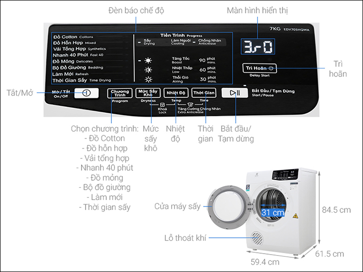 Máy sấy thông hơi Electrolux 7 Kg EDV705HQWA