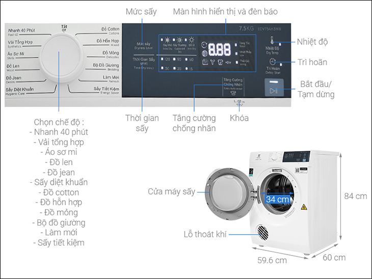 Máy sấy thông hơi Electrolux 7.5 kg EDV754H3WB