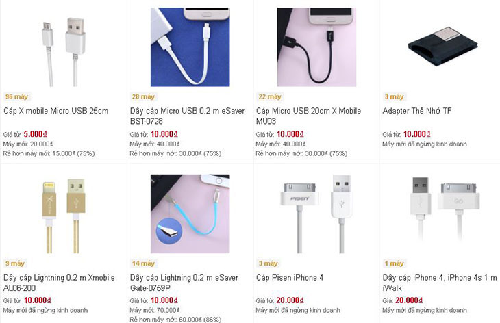 Sạc, cáp giá chỉ từ 10.000 đồng