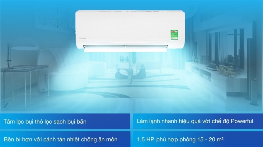 Máy lạnh Daikin 1.5 HP ATF35UV1V với công suất phù hợp cho phòng từ 15 - 20m2.