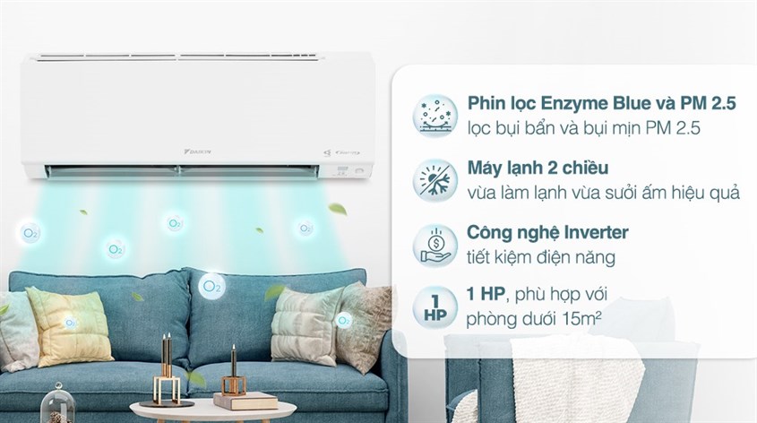 Máy lạnh Daikin Inverter 2 chiều 9200 BTU ATHF25XVMV được tích hợp thêm chức năng sưởi ấm