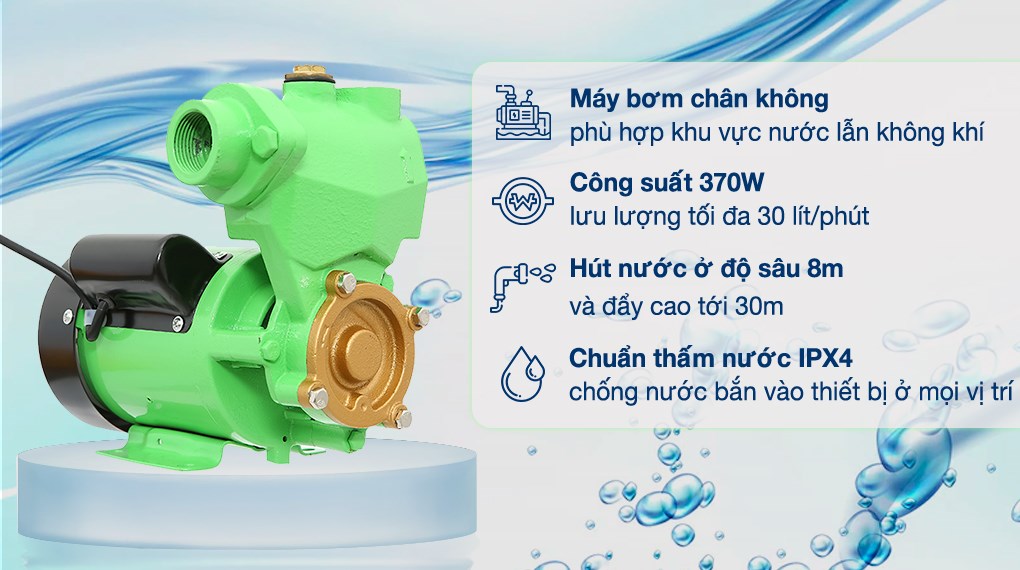 Máy bơm nước chân không Kangaroo KGWP370B 370W có khả năng tự ngắt điện khi nhiệt độ bơm quá cao, bảo vệ tối ưu cho sản phẩm, chống chập điện và ăn mòn