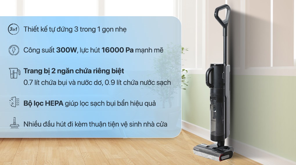 Máy hút bụi lau nhà Dreame H12 Dual được thiết kế tiện lợi vừa hút bụi vừa lau sàn, bộ lọc HEPA làm sạch ưu việt