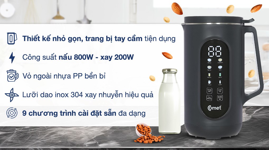 Máy làm sữa hạt đa năng Comet CM9216 hoạt động mạnh mẽ với công suất xay 200W - nấu 800W