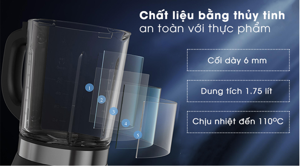 Máy làm sữa hạt đa năng Midea MJ-BL100GH trang bị cối xay dung tích 1.75 lít bằng thủy tinh dày 6 mm chịu nhiệt tốt