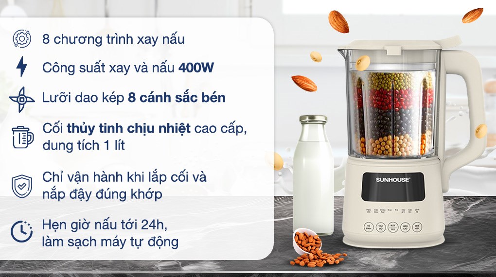 Máy làm sữa hạt đa năng Sunhouse SHD5261 với lưỡi dao 8 cánh bằng thép không gỉ bền bỉ, cực bén xay nhuyễn nhanh