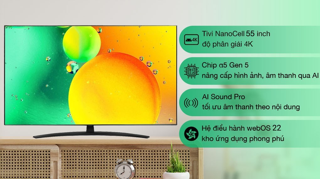 Smart Tivi NanoCell LG 4K 55 inch 55NANO76SQA tái hiện sống động cuộc sống thực lên màn hình 4K trên dải màu Nano Color, tối ưu hiển thị và âm thanh