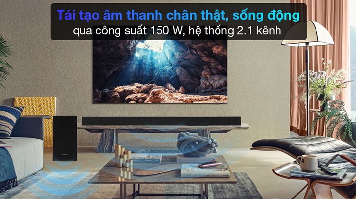 Bộ loa thanh Samsung HW-T420 150W có công suất 150W mạnh mẽ với 2.1 kênh mang âm thanh bao trùm không gian căn phòng