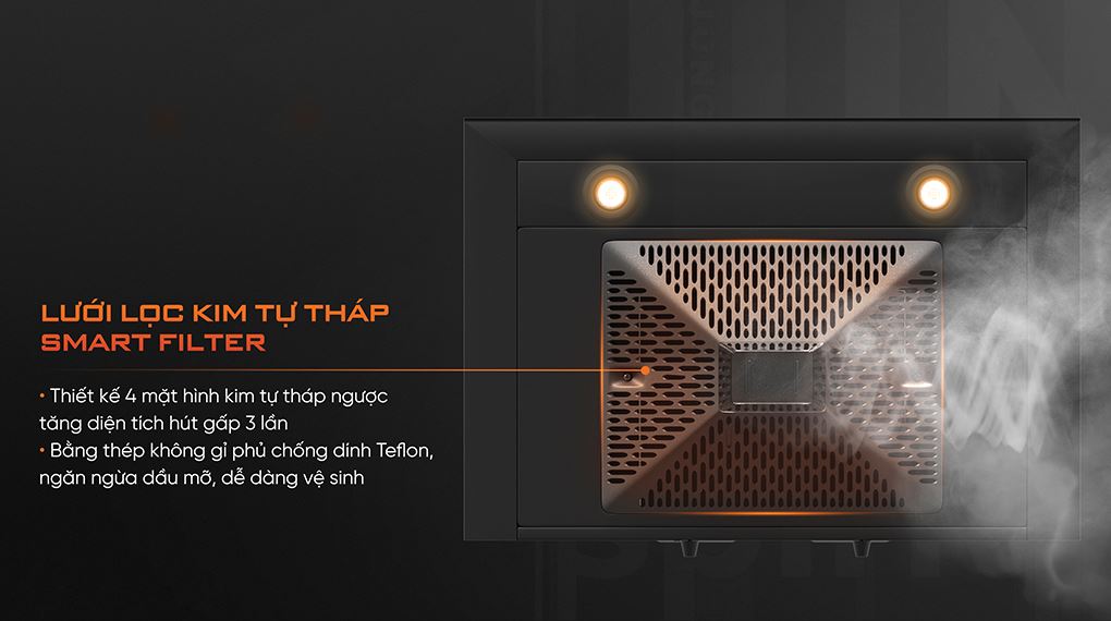 Máy hút mùi áp tường Junger Leopard HRJ-702L có lưới lọc Smart Filter được thiết kế hình Kim Tự Tháp Giza, giúp khử mùi nhanh chóng và hiệu quả