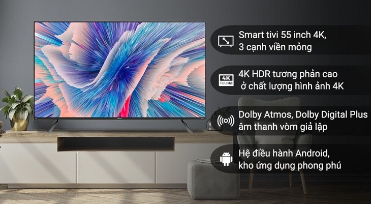 Android Tivi QLED 4K 55 inch Casper 55QG8000 có kiểu dáng sang trọng với màn hình lớn 55 inch, tô điểm thêm không gian phòng thêm hiện đại