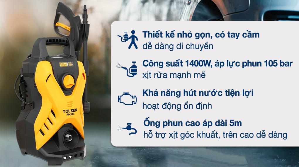 Máy phun xịt rửa áp lực cao Tolsen 79588  thiết kế nhỏ gọn, công suất 1400W giúp làm sạch hiệu quả