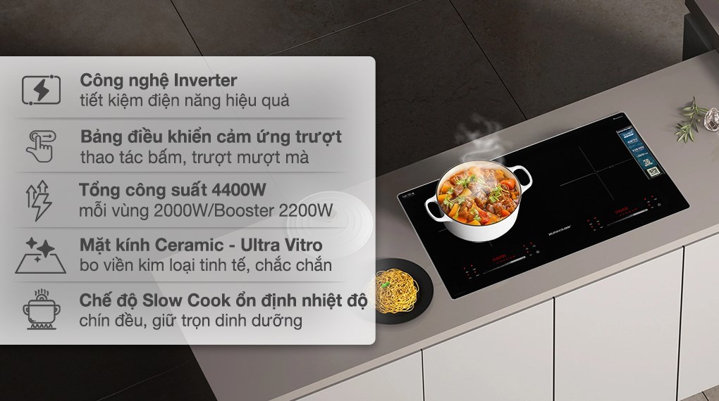 Bếp từ đôi âm Sunhouse SHB82082-VMD 4400W được trang bị công nghệ Inverter giúp tiết kiệm điện năng hiệu quả