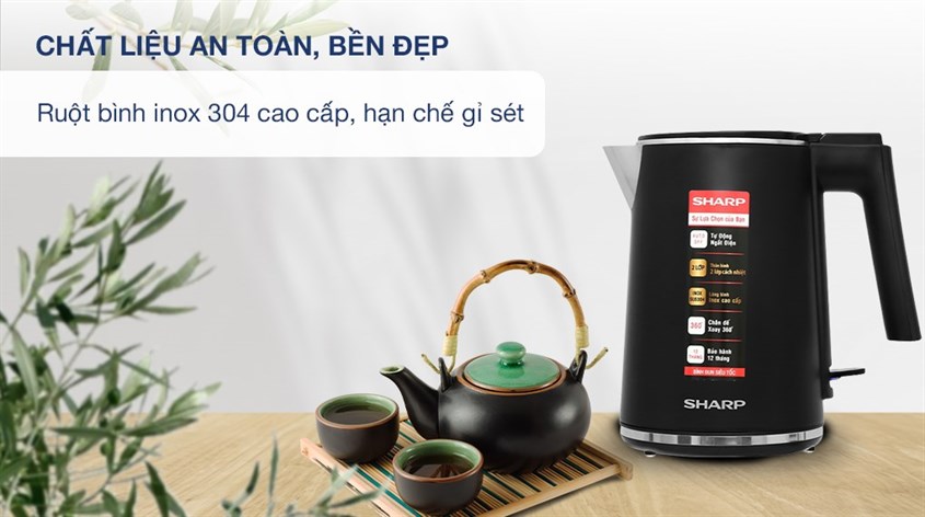 Bình đun siêu tốc Sharp 1 lít EKJ-10DVPS-BK có ruột bình Inox 304 bền đẹp, đun sôi nước nhanh chóng với công suất 1260 - 1500W