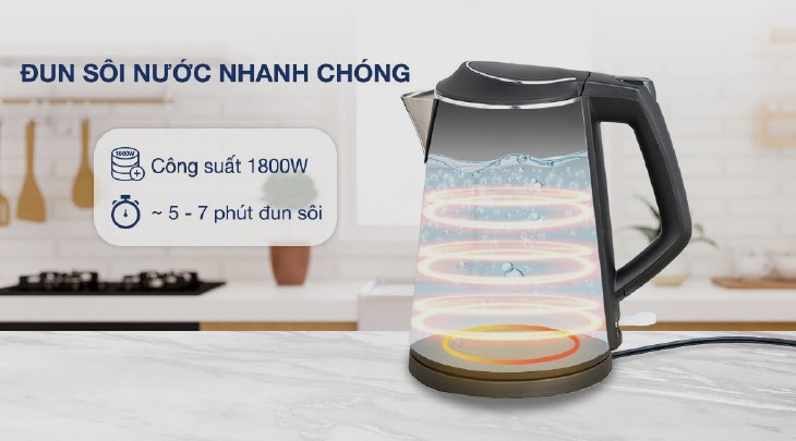 Bình đun siêu tốc Elmich 1.5 lít KEE-1785 có công suất mạnh mẽ đến 1800W, giúp tiết kiệm điện và thời gian