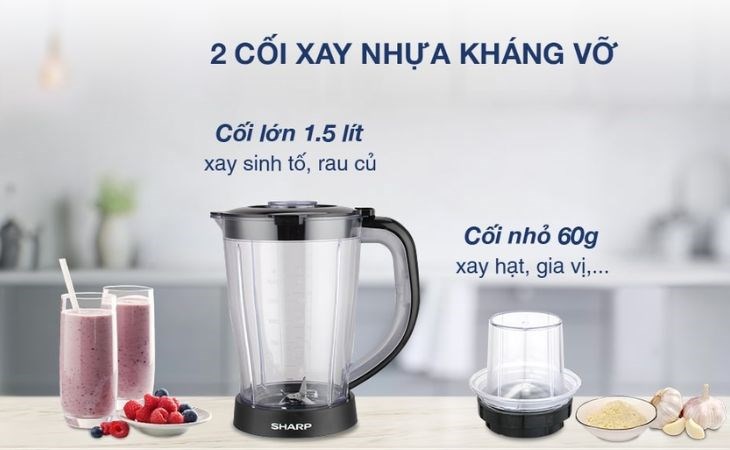 Máy xay sinh tố đa năng Sharp EM-S155PV-WH có 2 cối xay nhựa kháng vỡ