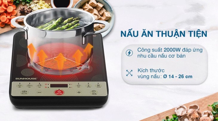 Bếp từ Sunhouse SHD6162 có  công suất 2000W cùng 8 mức nhiệt, giúp nấu chín thức ăn trong thời gian ngắn