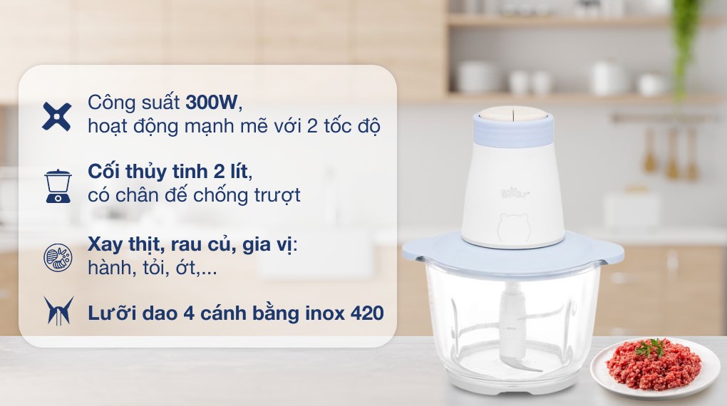 Máy xay thịt đa năng Bear QSJ-B02Q1 300W 2 lít có 2 tốc độ tùy chỉnh bằng nút nhấn tiện lợi