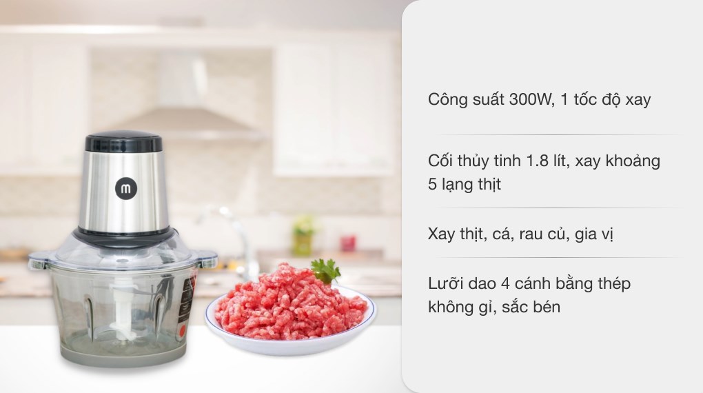 Máy xay thịt đa năng Mishio MK-135 với kiểu dáng hiện đại, màu sắc sang trọng, đẹp mắt, sử dụng thuận tiện trong bếp gia đình