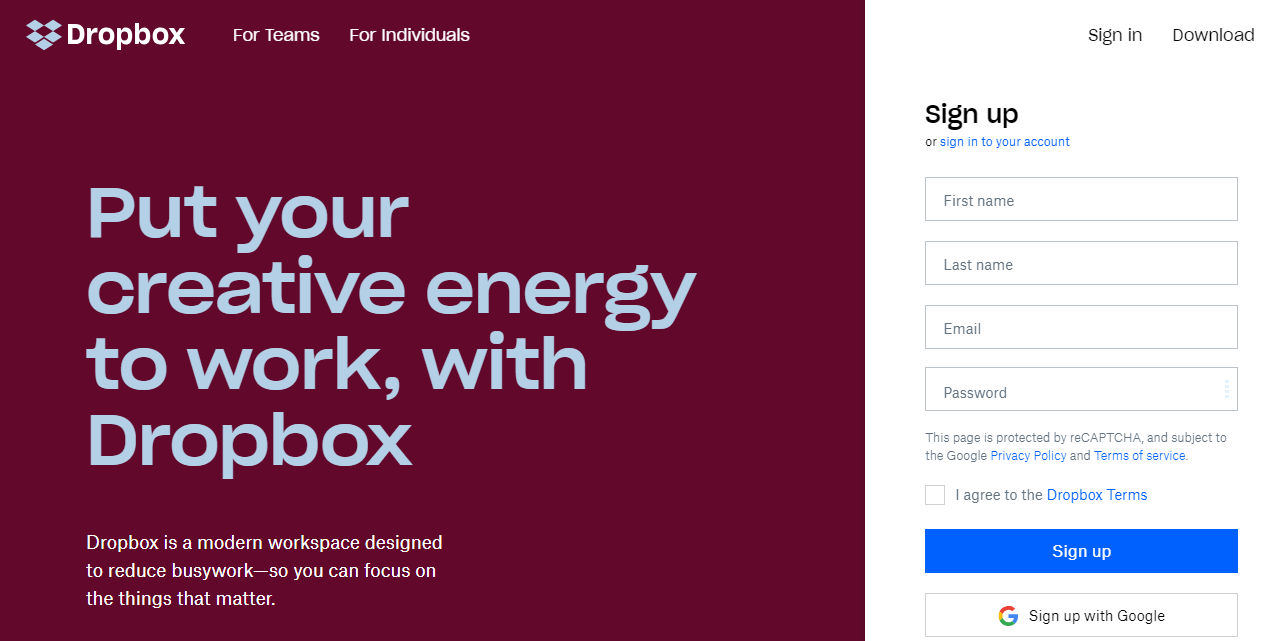 Giao diện Dropbox.com