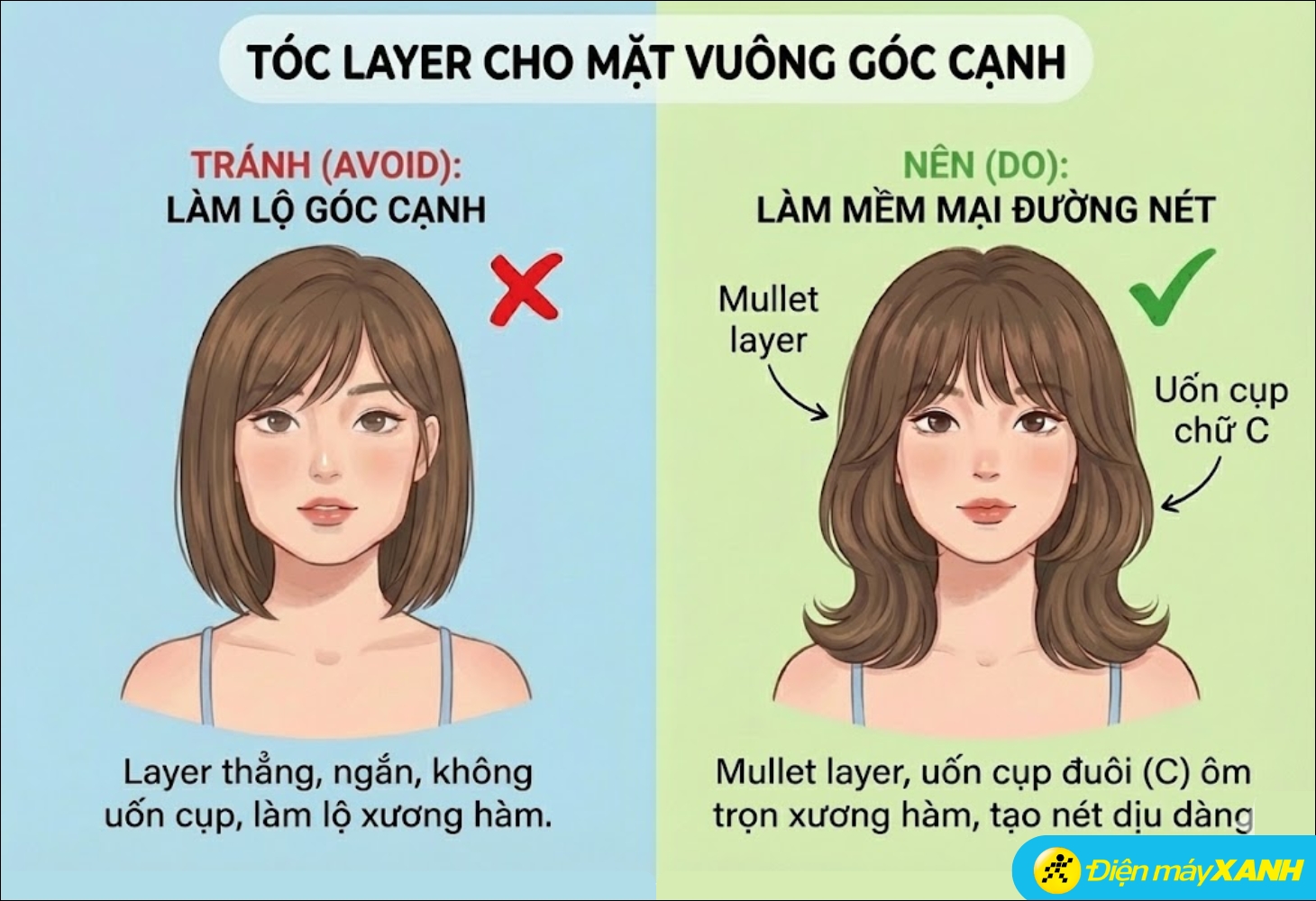 Cách chọn tóc layer nữ cho mặt vuông góc cạnh