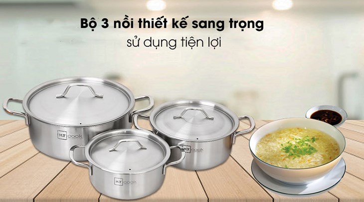 Bộ 3 nồi inox nắp inox Fivestar HT Cook HT-06DN sở hữu thiết kế sang trọng, bền bỉ với thời gian