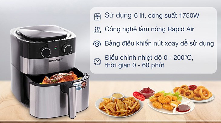 Nồi chiên không dầu Sunhouse SHD4026 6 lít hỗ trợ mẹ và các thành viên thực hiện các món chiên rán ít dầu mỡ bằng công nghệ làm nóng Rapid Air
