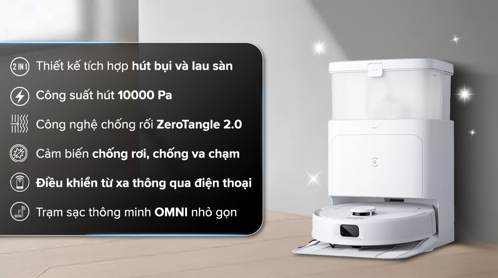 Robot hút bụi lau nhà Ecovacs N30 PRO OMNI với lực hút mạnh mẽ giúp tối ưu hiệu quả hút bụi, làm sạch mọi bụi bẩn
