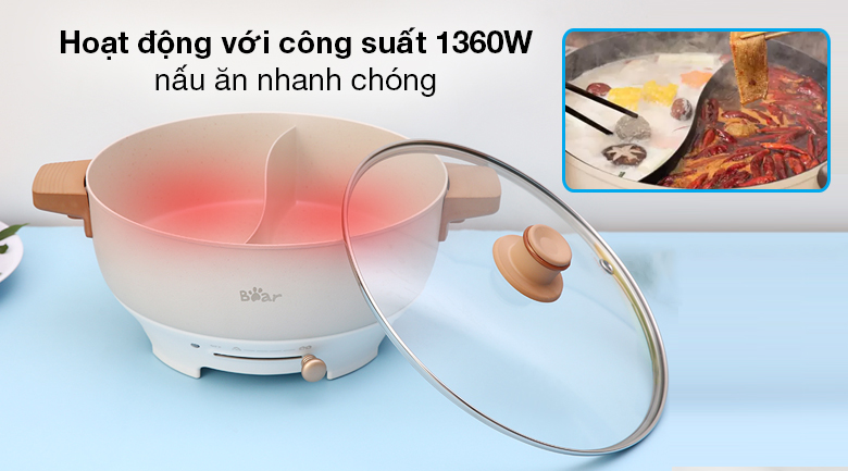 Nồi lẩu điện Bear DHG -C50K1 hoạt động với công suất 1360W, nấu chín thức ăn nhanh chóng, tiết kiệm thời gian, giảm hao phí điện năng tối đa