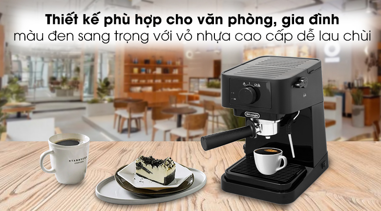 Máy Pha Cà Phê Delonghi EC230.BK có thiết kế sang trọng, phù hợp với nhiều không gian