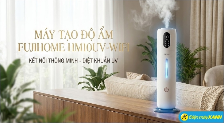 Máy tạo độ ẩm Fujihome HM10UV-WIFI với tia UV khử khuẩn 99% chỉ trong 10 giây đảm bảo hơi ẩm tinh khiết, bảo vệ hệ hô hấp non nớt của bé