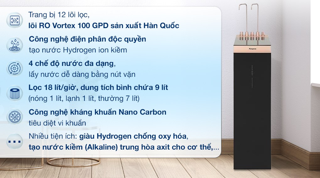 Máy lọc nước RO nóng nguội lạnh Hydrogen ion kiềm Kangaroo Sumire KGHC12A3 12 lõi mang đến nguồn nước sạch khuẩn hiệu quả cùng nhiều tiện ích nổi bật