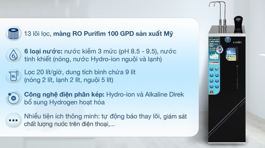 Máy lọc nước RO nóng nguội lạnh Hydrogen ion kiềm Karofi KAE-S695 13 lõi có công nghệ AioTec hiện đại giúp theo dõi chất lượng nước dễ dàng