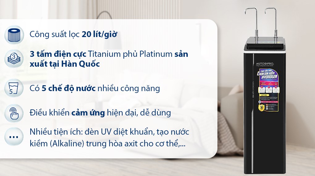 Máy lọc nước RO nóng nguội lạnh Hydrogen ion kiềm Mutosi MP-P89K 9 lõi thiết kế sang trọng, có 5 chế độ nước đáp ứng đa dạng nhu cầu