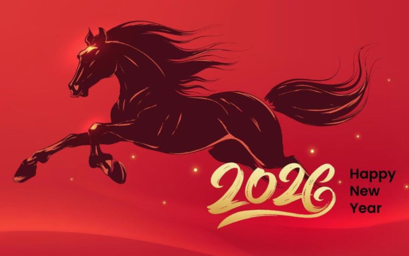 Background Ngựa Bính Ngọ 2026 với hình ảnh mã đáo thành công hoặc ngựa chibi nổi bật, hợp xu hướng Tết