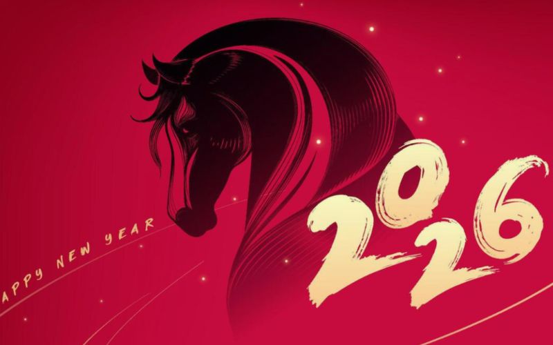 Background Ngựa Bính Ngọ 2026 với hình ảnh mã đáo thành công hoặc ngựa chibi nổi bật, hợp xu hướng Tết