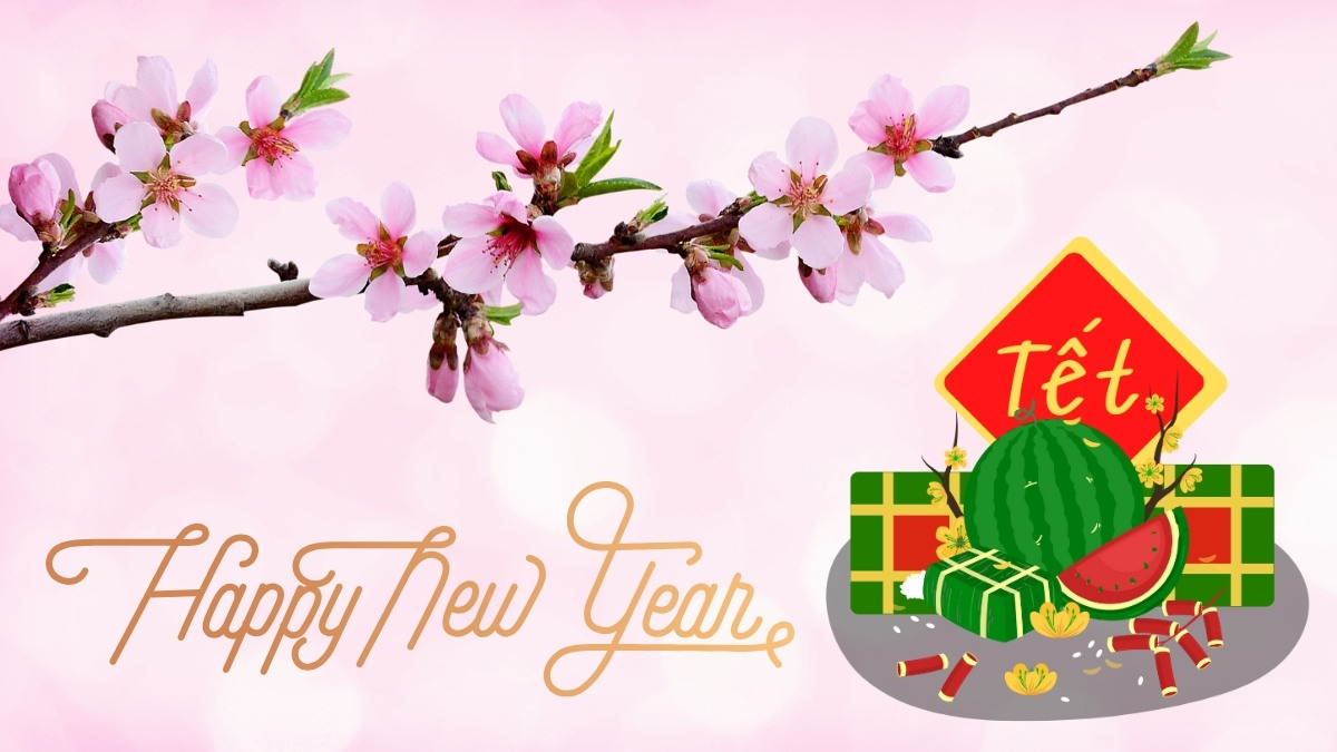 Background hoa mai vàng, đào hồng rực rỡ mang hơi thở mùa xuân, tạo cảm giác tươi mới và đầy sức sống