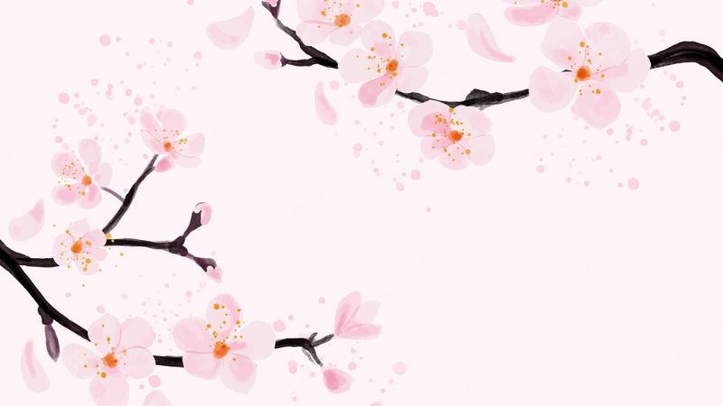 Background hoa mai vàng, đào hồng rực rỡ mang hơi thở mùa xuân, tạo cảm giác tươi mới và đầy sức sống