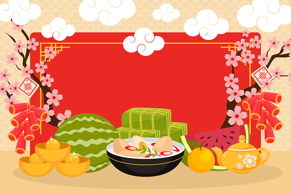Background mâm ngũ quả, bánh chưng xanh gợi không khí sum vầy, ấm áp và đậm đà hương vị Tết Việt